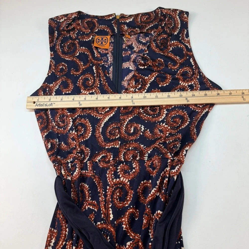 Tory Burch Silk Paisley Sheath Dress Size Medium Sleeveless Tie Waist Navy Rust